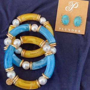 Plunder Blue Yellow Marbled Pearl Matte Gold Acrylic Elastic Bracelets&Earrings